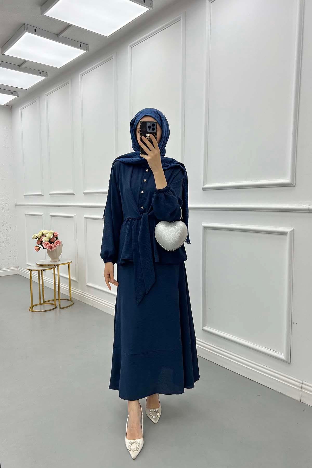 Sare Fashion Pearl Buttoned Tied Skirt Suit Navy Blue
