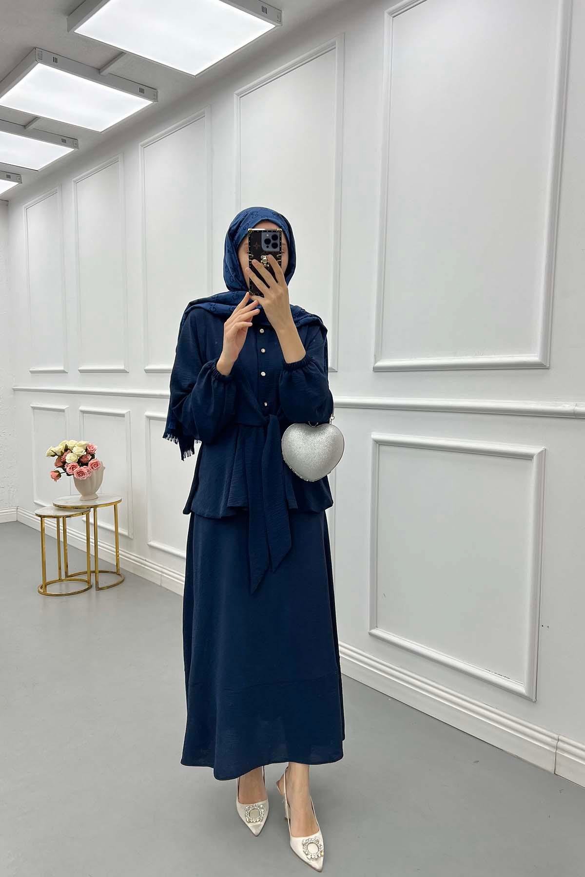 Sare Fashion Pearl Buttoned Tied Skirt Suit Navy Blue