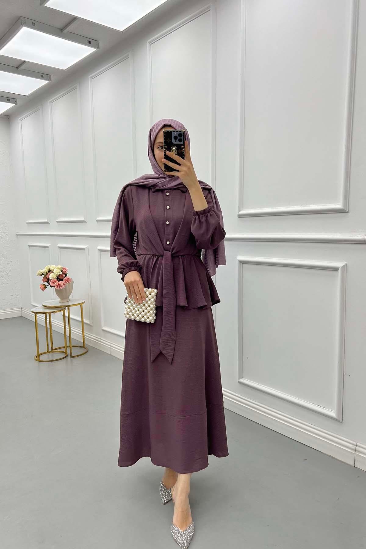 Sare Fashion Pearl Buttoned Tied Skirt Set Purple