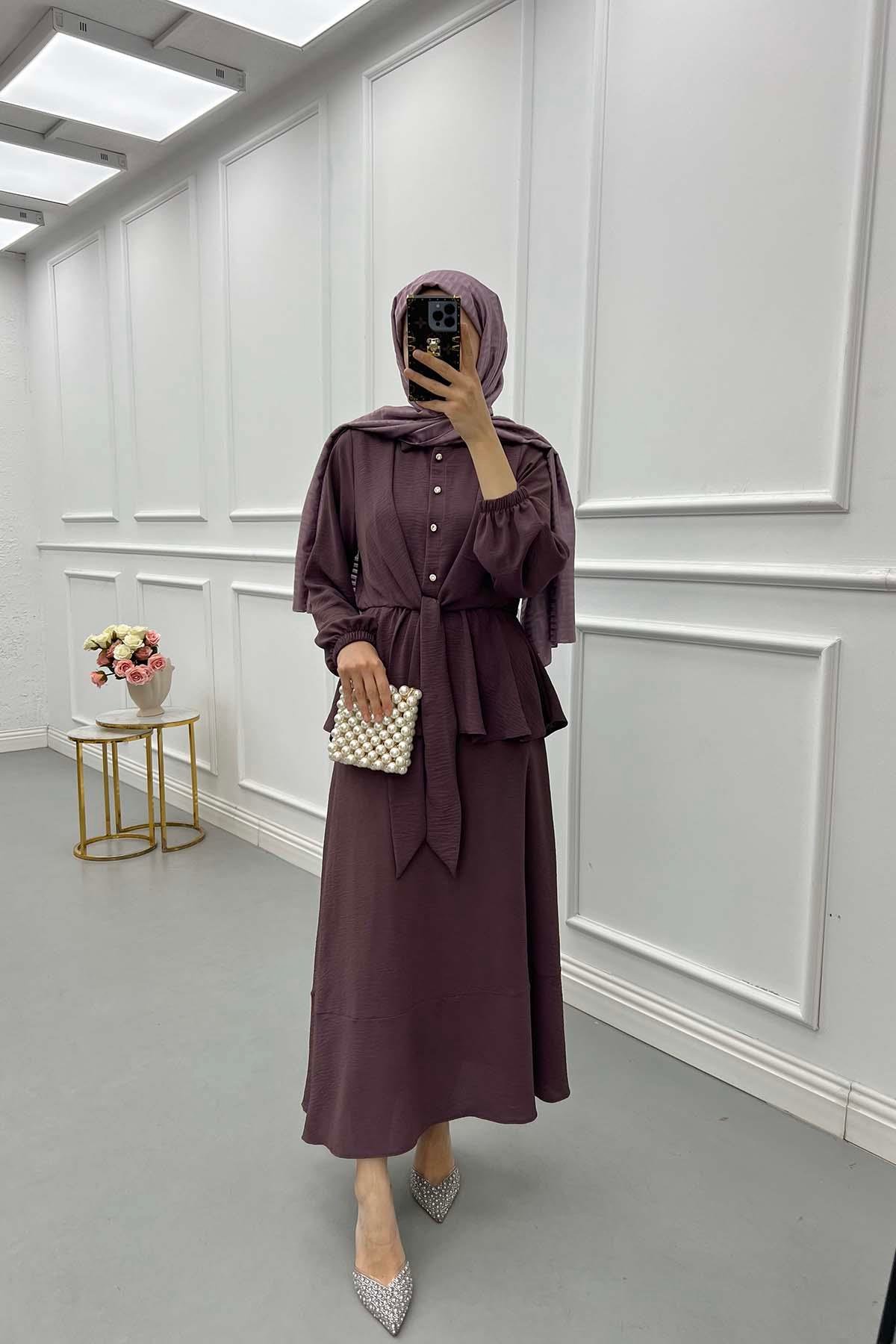 Sare Fashion Pearl Buttoned Tied Skirt Set Purple