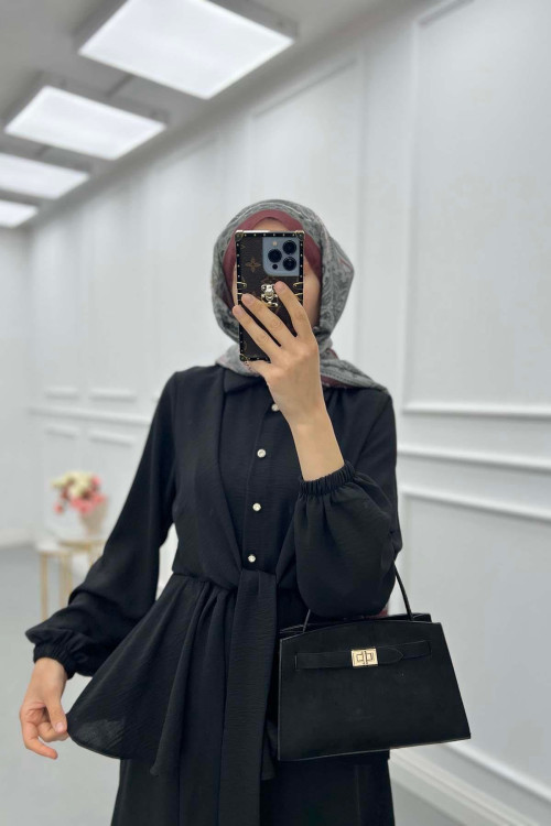 Sare Fashion Pearl Buttoned Tied Skirt Set Black
