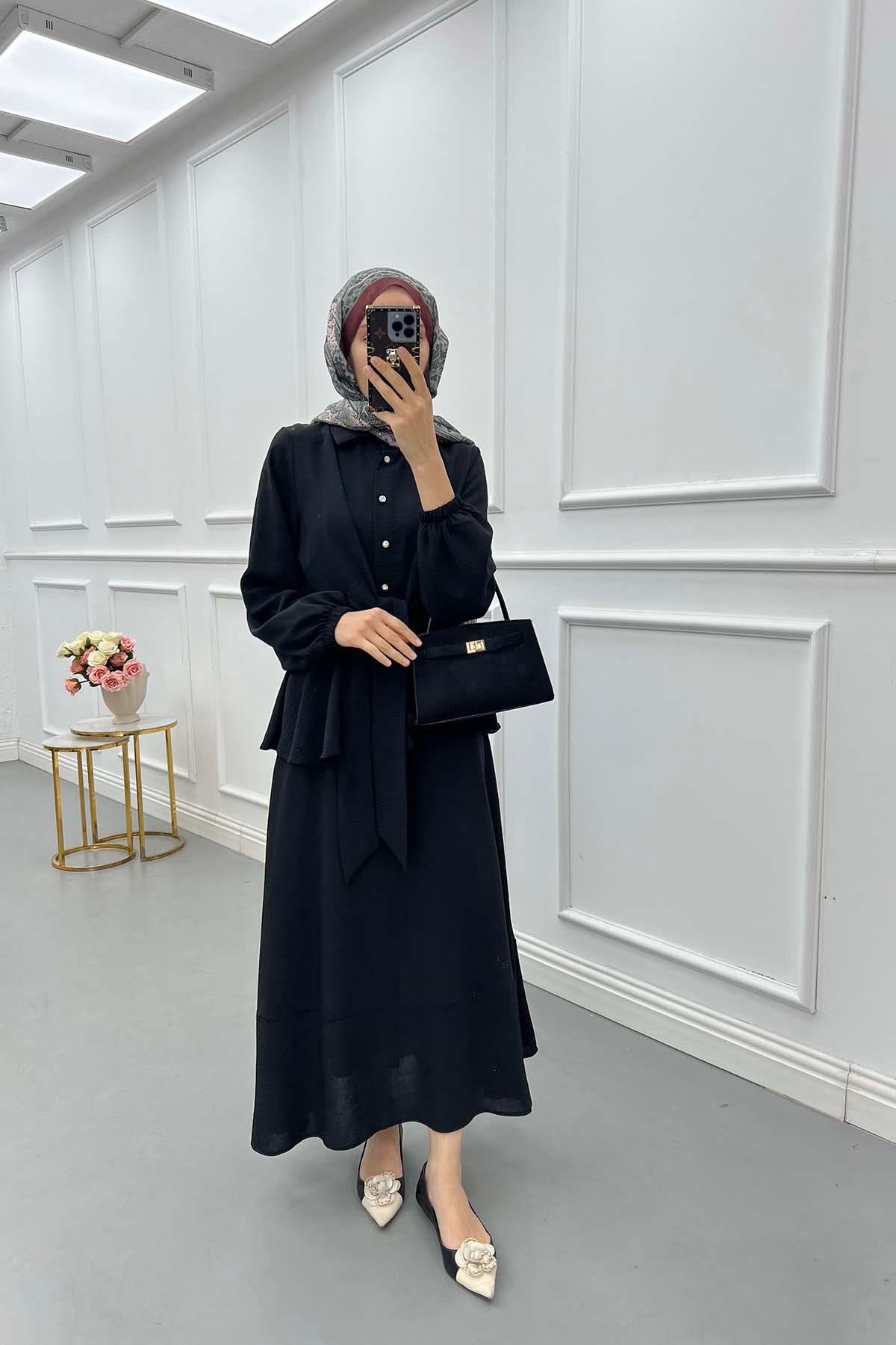 Sare Fashion Pearl Buttoned Tied Skirt Set Black