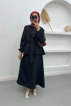 Pearl Buttoned Tied Skirt Set Black