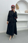Pearl Buttoned Tied Skirt Set Black