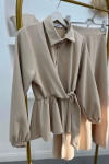 Pearl Buttoned Tied Skirt Set Stone