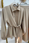 Pearl Buttoned Tied Skirt Set Stone