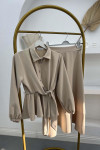 Pearl Buttoned Tied Skirt Set Stone