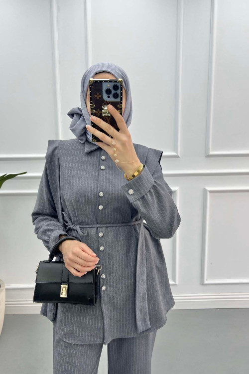 Pearl Buttoned Striped Viral Suit Anthracite