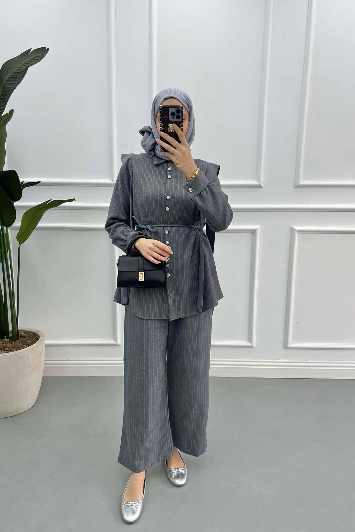 Pearl Buttoned Striped Viral Suit Anthracite