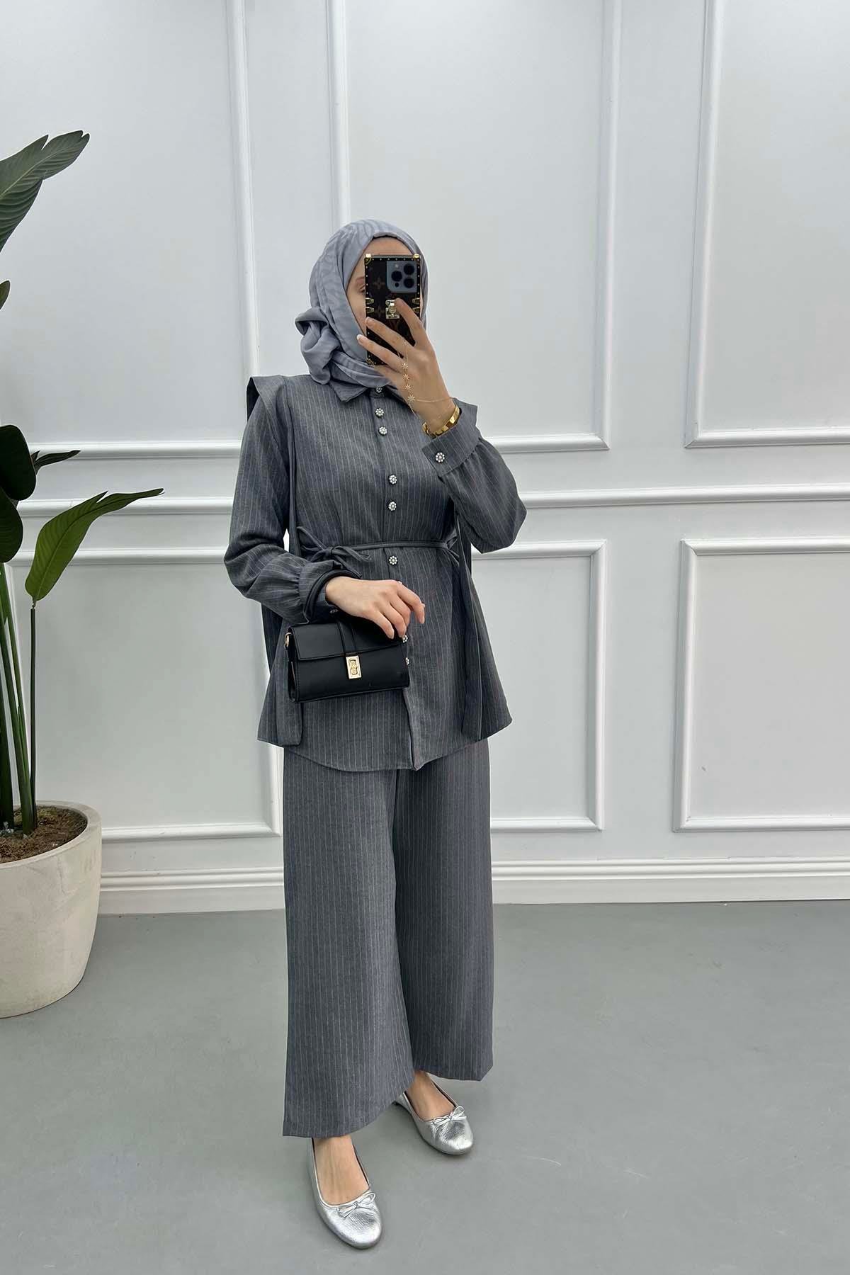 Pearl Buttoned Striped Viral Suit Anthracite