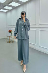 Sare Fashion Pearl Buttoned Shirt Set Gray