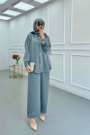 Sare Fashion Pearl Buttoned Shirt Set Gray