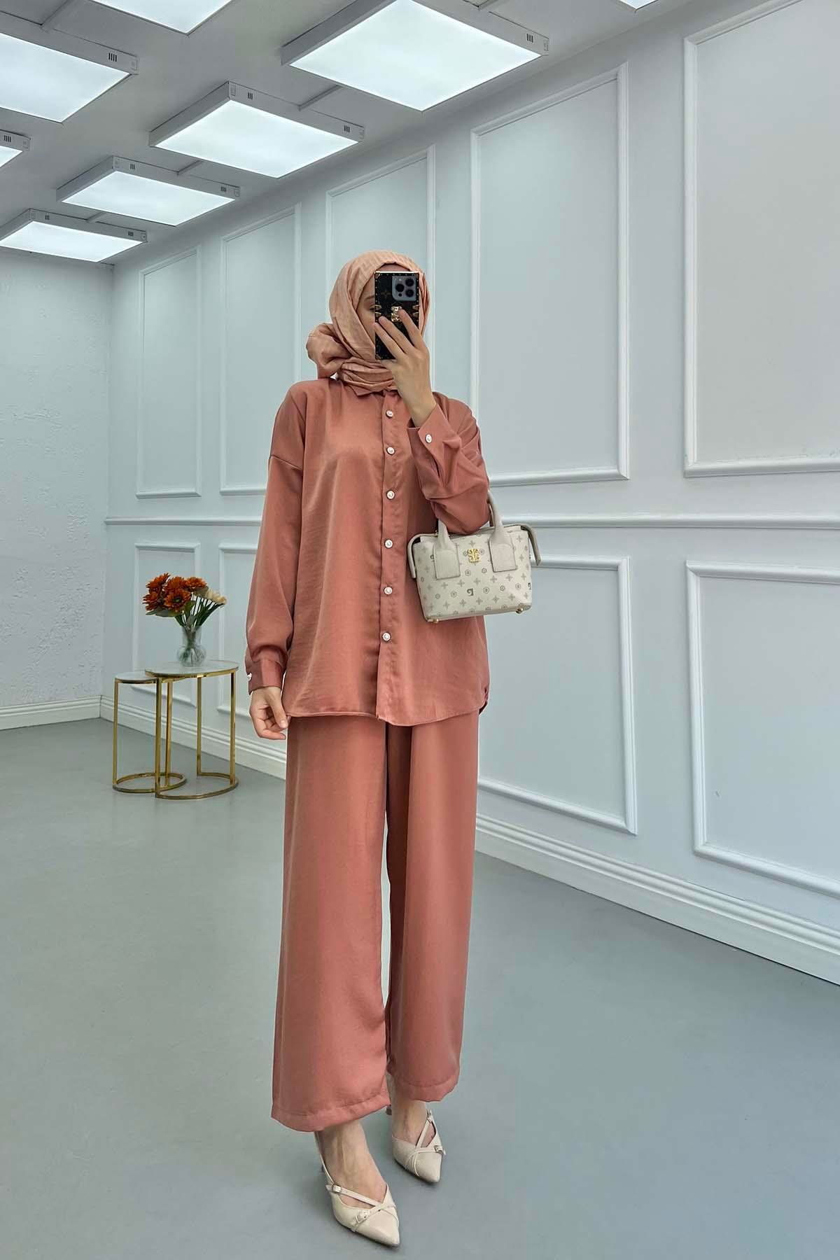 Sare Fashion Pearl Buttoned Shirt Set Dusty Rose