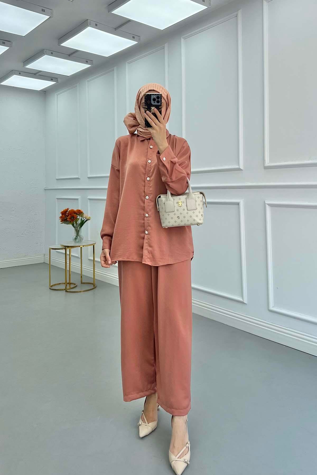 Sare Fashion Pearl Buttoned Shirt Set Dusty Rose