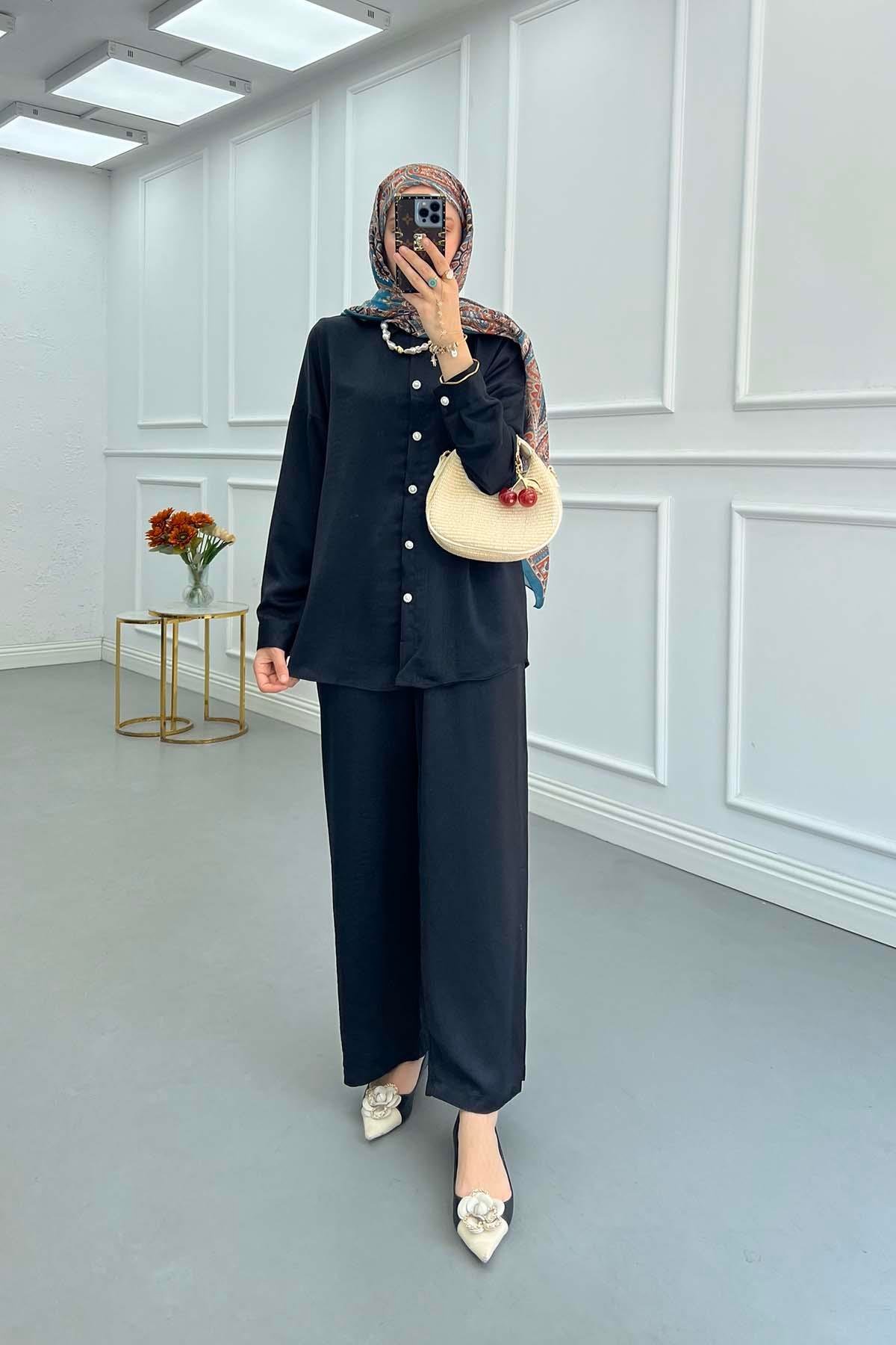 Sare Fashion Pearl Buttoned Shirt Set Black