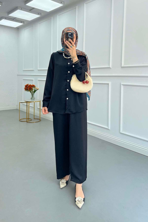 Sare Fashion Pearl Buttoned Shirt Set Black