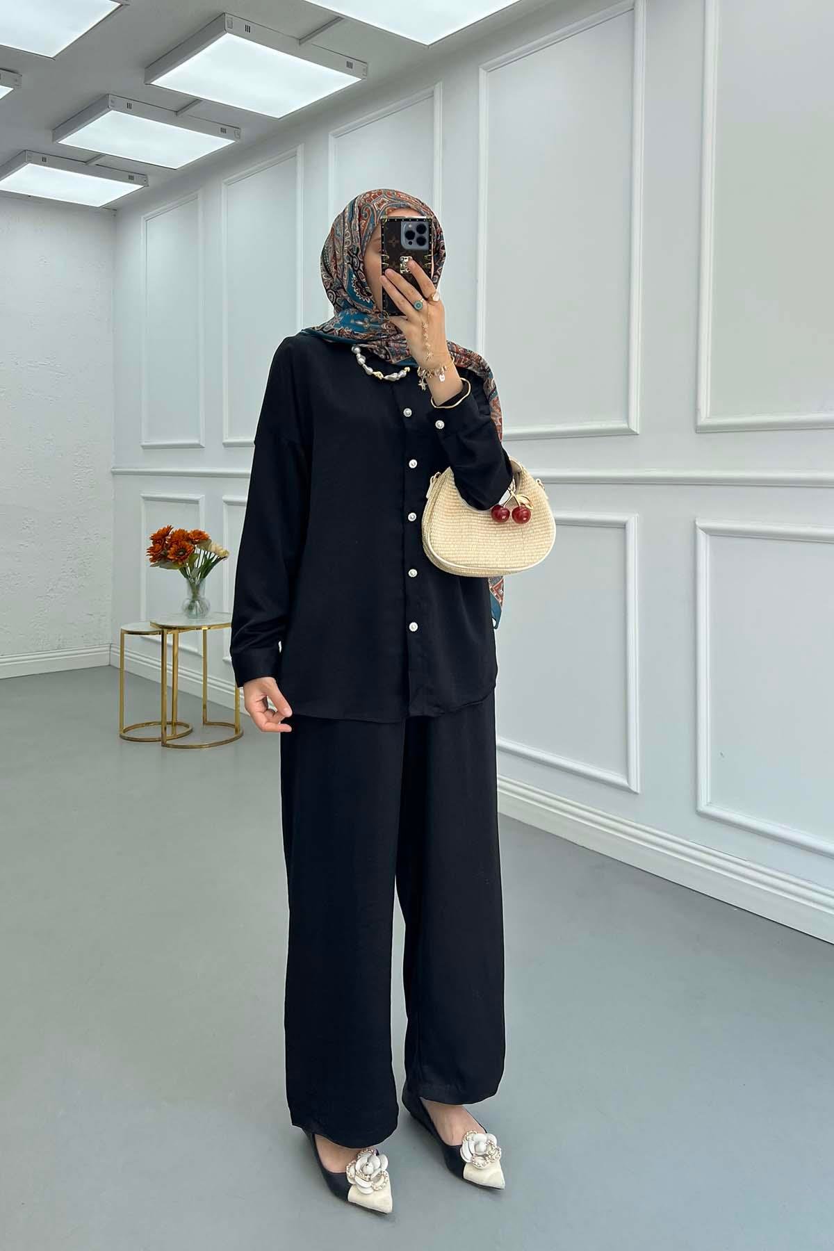 Sare Fashion Pearl Buttoned Shirt Set Black