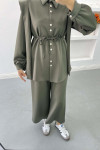 Pearl Buttoned Scuba Suit Khaki