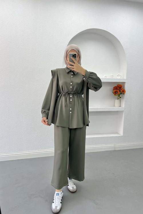 Pearl Buttoned Scuba Suit Khaki