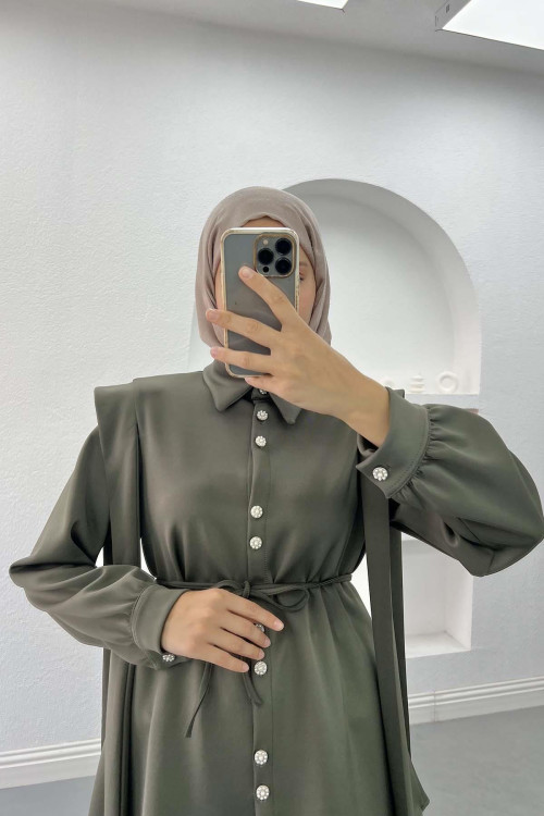 Pearl Buttoned Scuba Suit Khaki