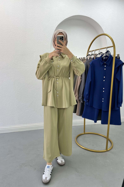 Pearl Buttoned Scuba Suit Soft Green