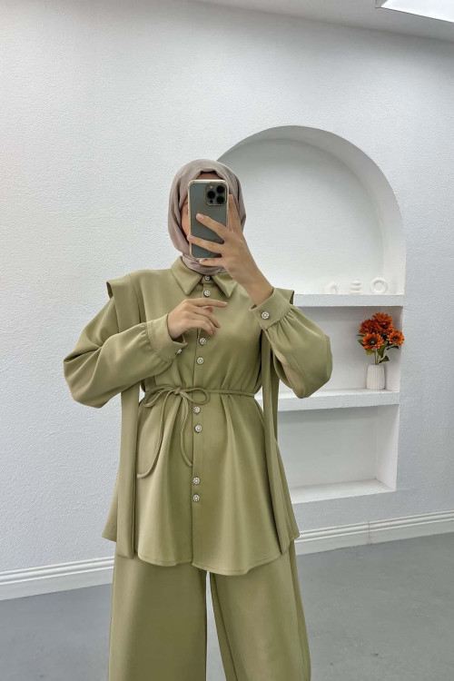 Pearl Buttoned Scuba Suit Soft Green