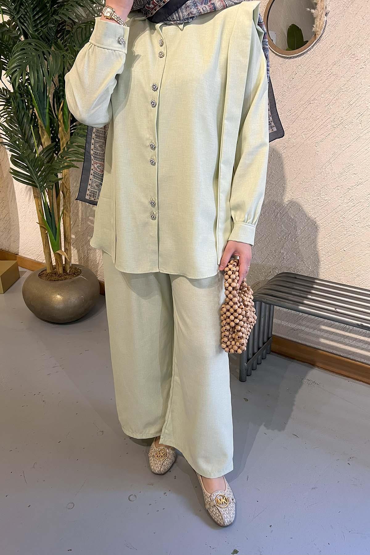 Sare Fashion Viral Suit with Pearl Buttons Nile Green