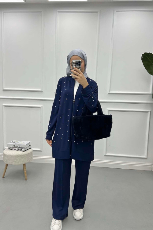 Pearl Zippered Suit Navy Blue
