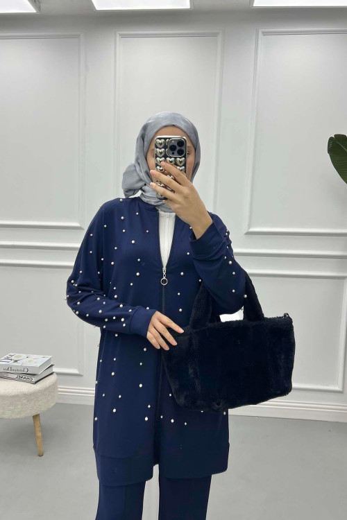 Pearl Zippered Suit Navy Blue