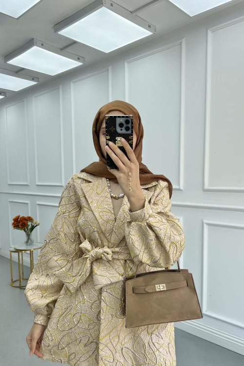 Sare Fashion Jacquard Balloon Sleeve Jacket Beige