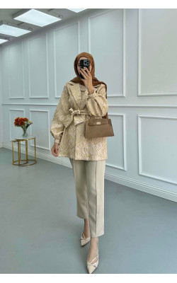 Sare Fashion Jacquard Balloon Sleeve Jacket Beige