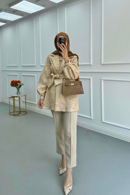 Sare Fashion Jacquard Balloon Sleeve Jacket Beige