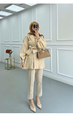 Sare Fashion Jacquard Balloon Sleeve Jacket Beige