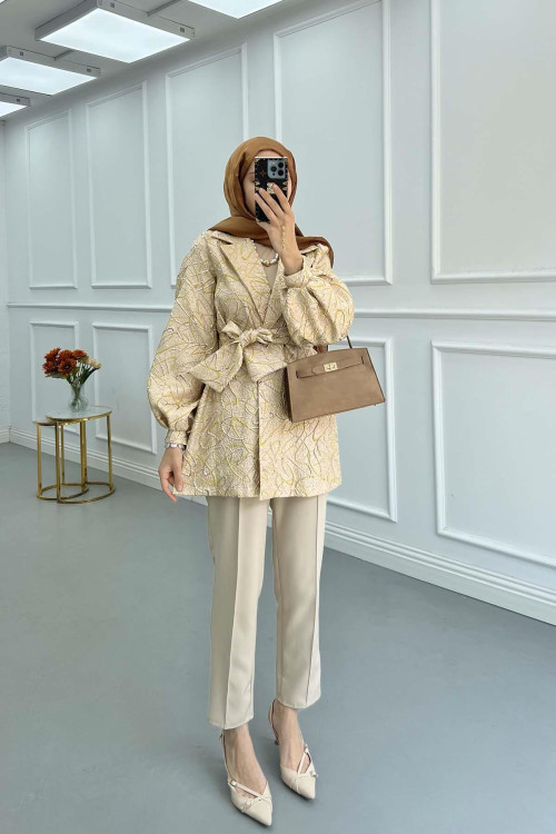 Sare Fashion Jacquard Balloon Sleeve Jacket Beige