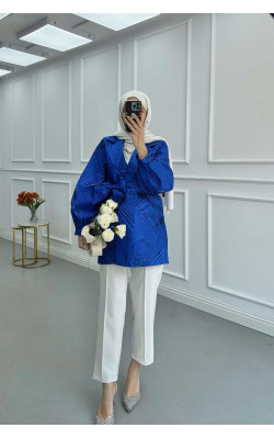 Sare Fashion Jacquard Balloon Sleeve Jacket Navy Blue