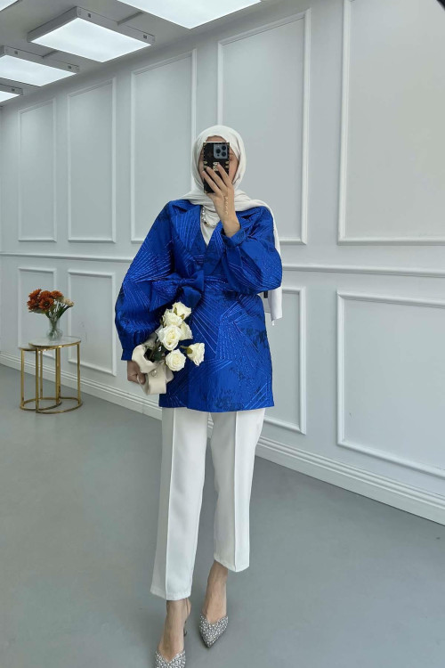 Sare Fashion Jacquard Balloon Sleeve Jacket Navy Blue