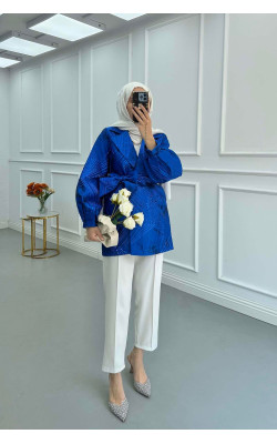 Sare Fashion Jacquard Balloon Sleeve Jacket Navy Blue