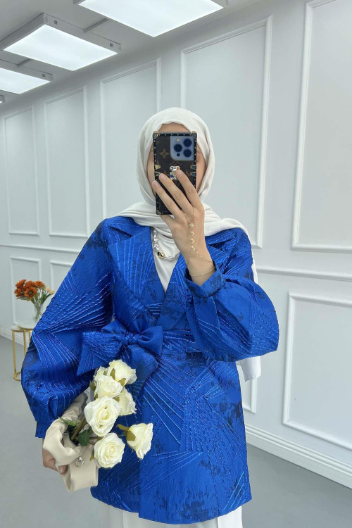Sare Fashion Jacquard Balloon Sleeve Jacket Navy Blue