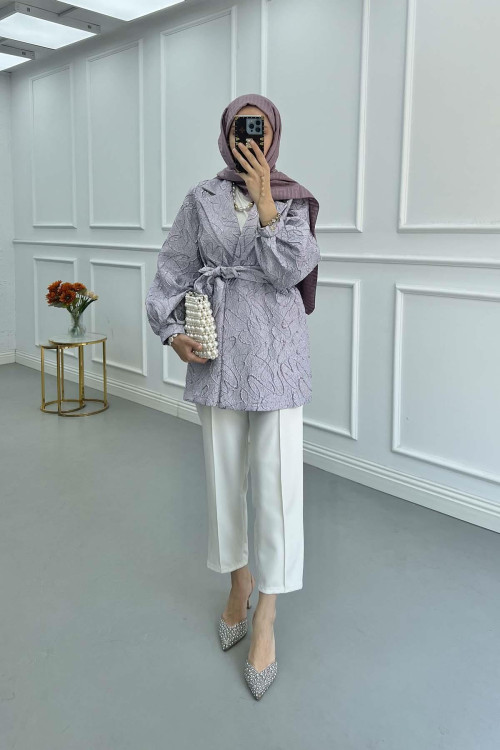Sare Fashion Jacquard Balloon Sleeve Jacket Lilac
