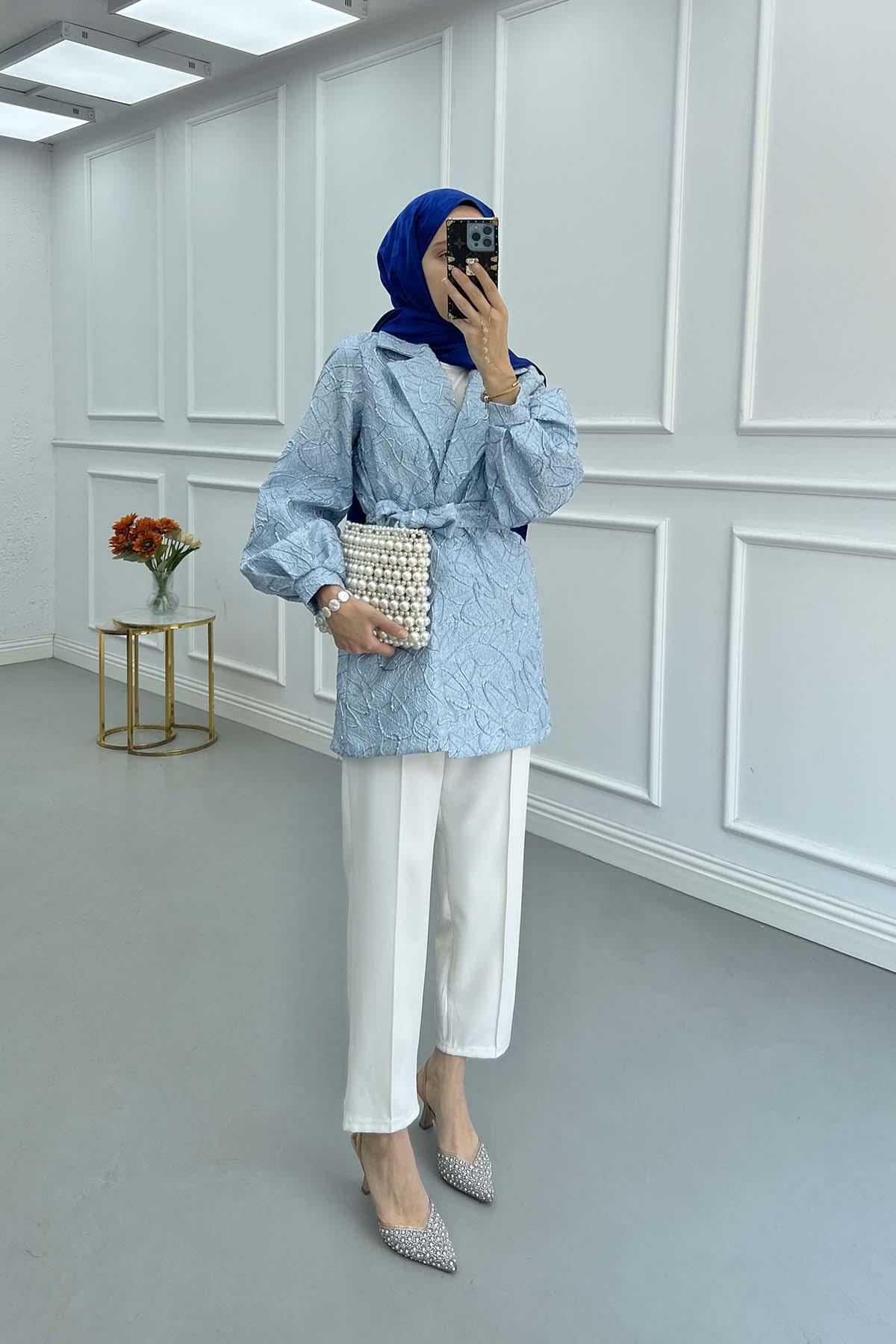 Sare Fashion Jacquard Balloon Sleeve Jacket Blue