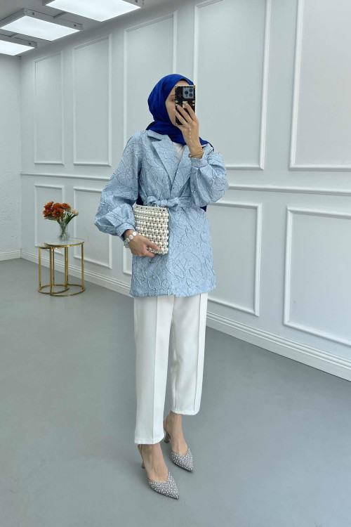 Sare Fashion Jacquard Balloon Sleeve Jacket Blue