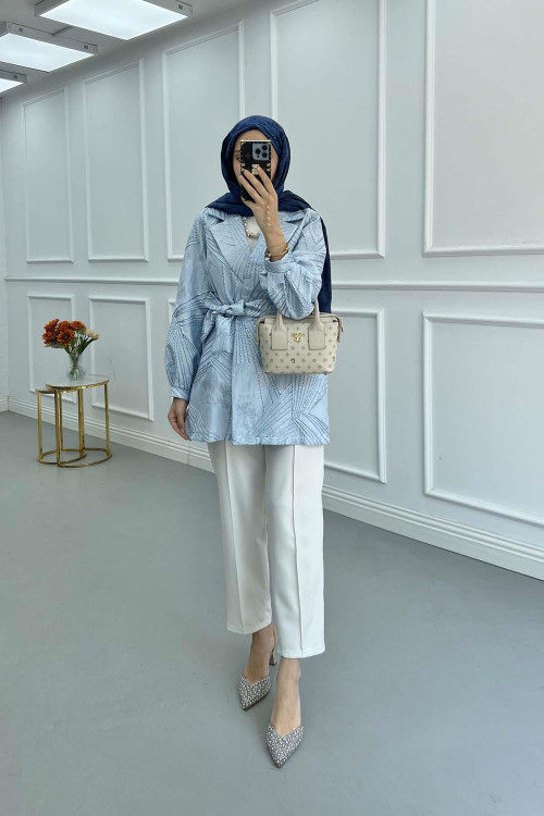 Sare Fashion Jacquard Balloon Sleeve Jacket Blue