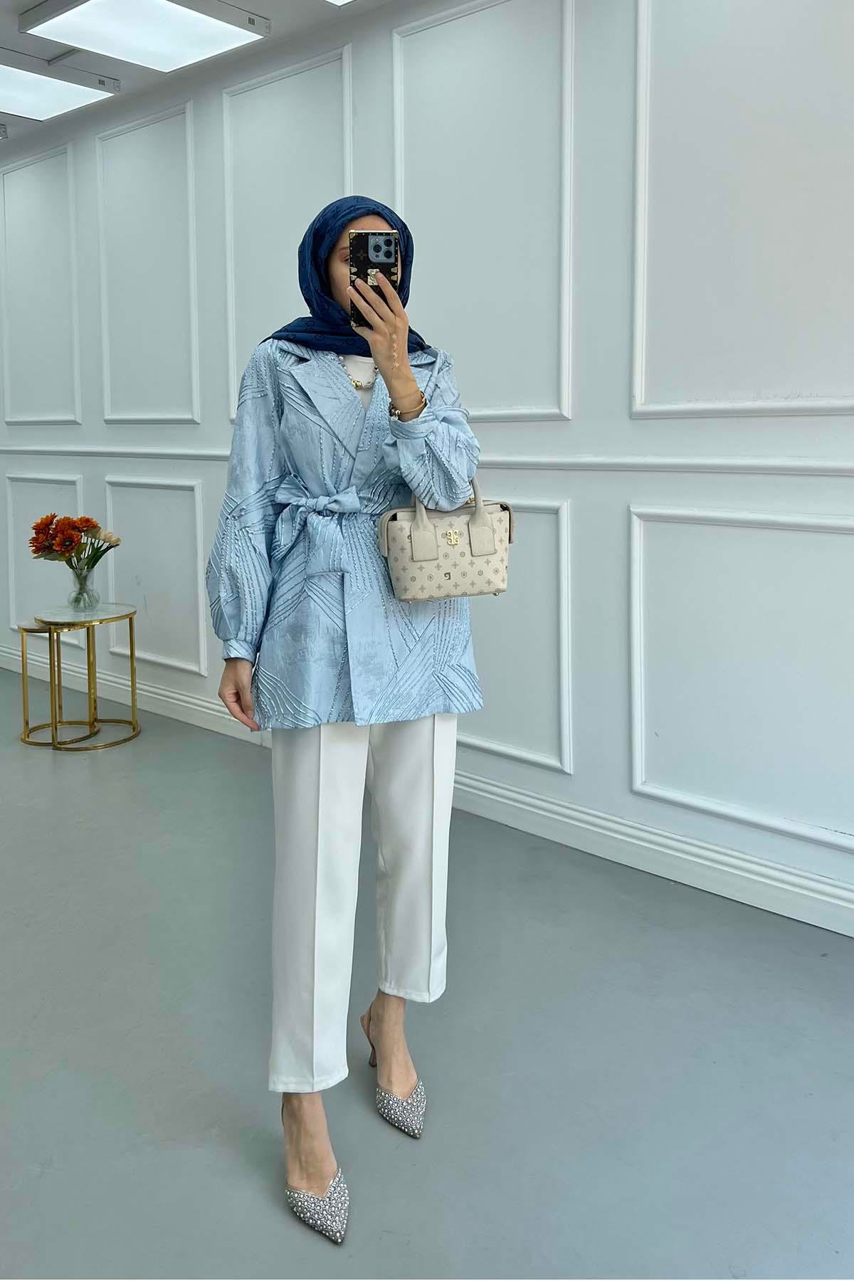 Sare Fashion Jacquard Balloon Sleeve Jacket Blue