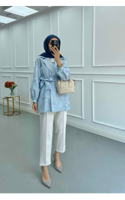 Sare Fashion Jacquard Balloon Sleeve Jacket Blue