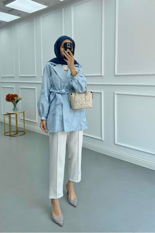 Sare Fashion Jacquard Balloon Sleeve Jacket Blue