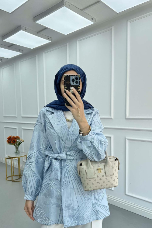 Sare Fashion Jacquard Balloon Sleeve Jacket Blue