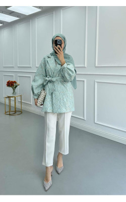 Sare Fashion Jacquard Balloon Sleeve Jacket Green