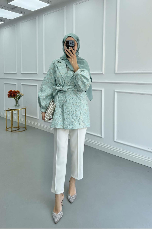 Sare Fashion Jacquard Balloon Sleeve Jacket Green