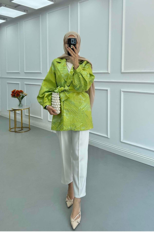 Sare Fashion Jacquard Balloon Sleeve Jacket Green