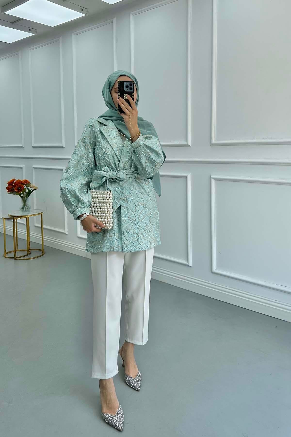 Sare Fashion Jacquard Balloon Sleeve Jacket Green